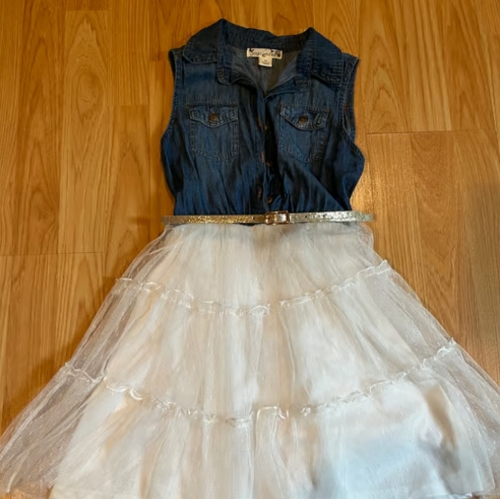 Knitworks dainty denim & white tulle belted country style dress